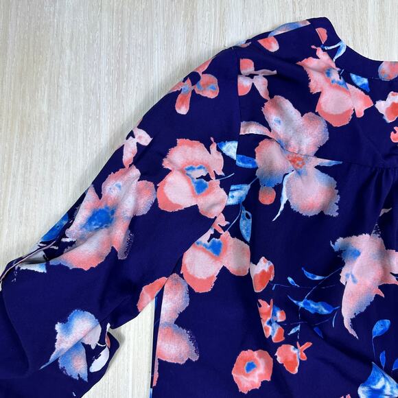 41 Hawthorn Blue Pink Floral Button Front Roll Tab Sleeve Casual Shirtdress LG - Picture 12 of 16